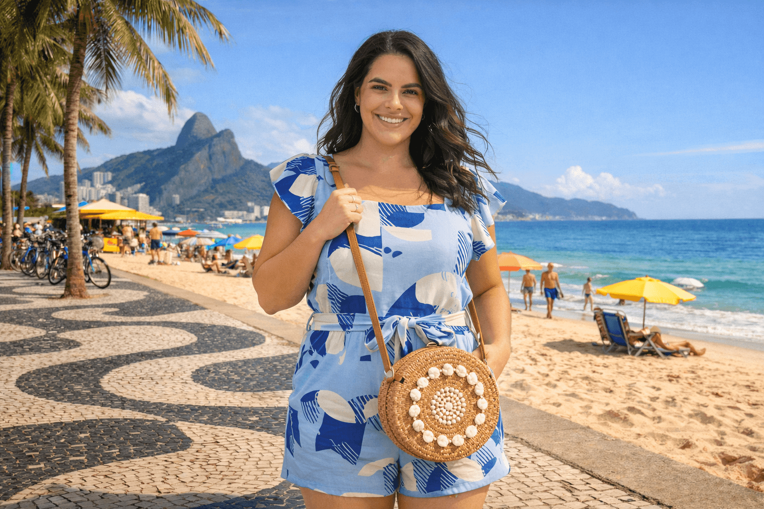 Close-up de óculos de sol redondos e uma bolsa de praia de crochê na areia